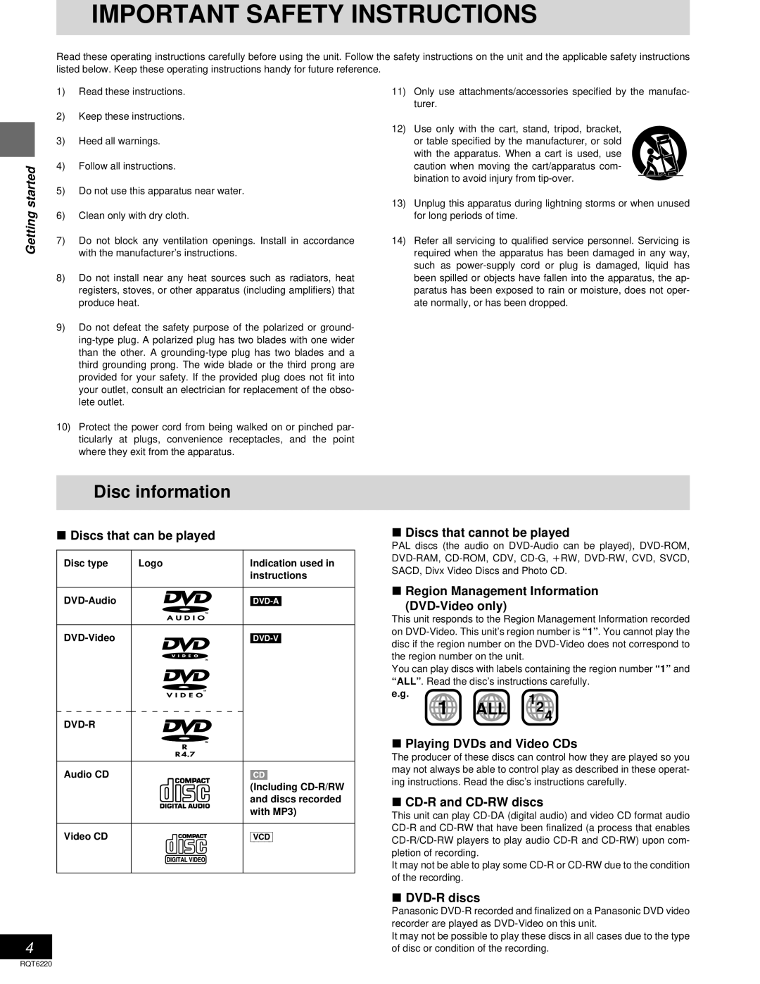 Panasonic SC-DM3 warranty Disc information 