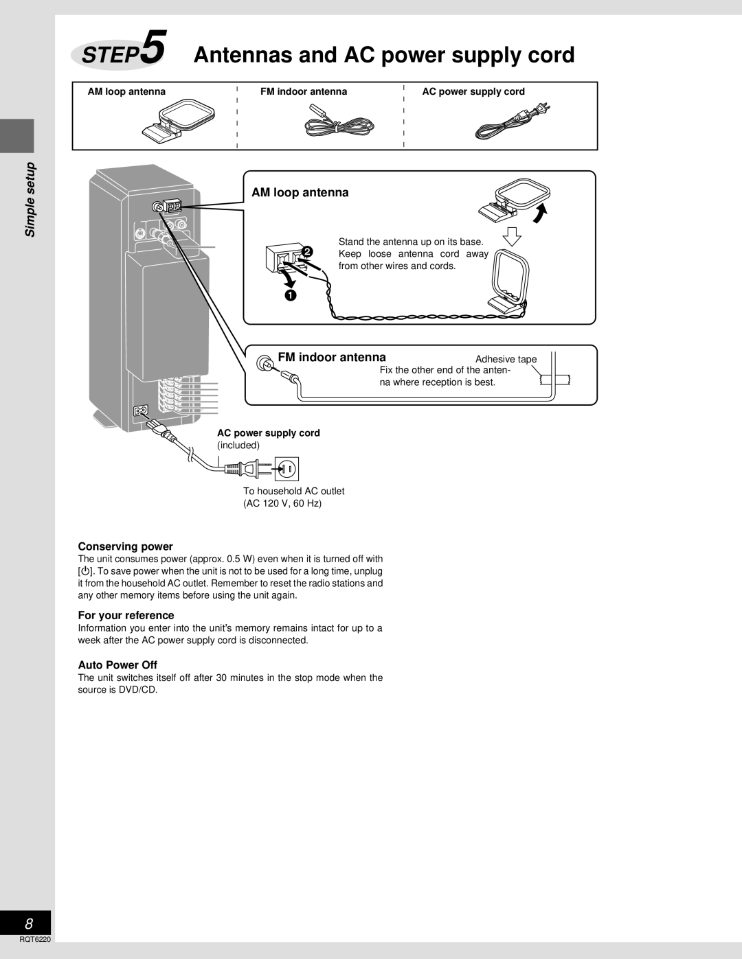 Panasonic SC-DM3 AM loop antenna, FM indoor antennaAdhesive tape, Conserving power, For your reference, Auto Power Off 