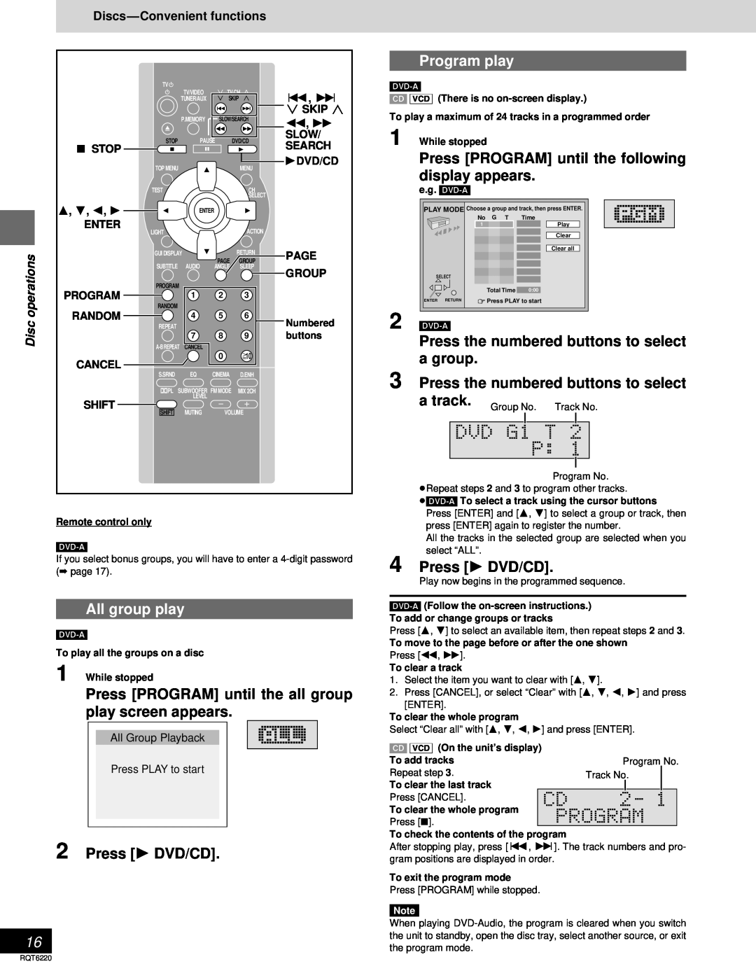 Panasonic SC-DM3 Program play, Press PROGRAM until the following display appears, All group play, Press 1 DVD/CD, Disc 