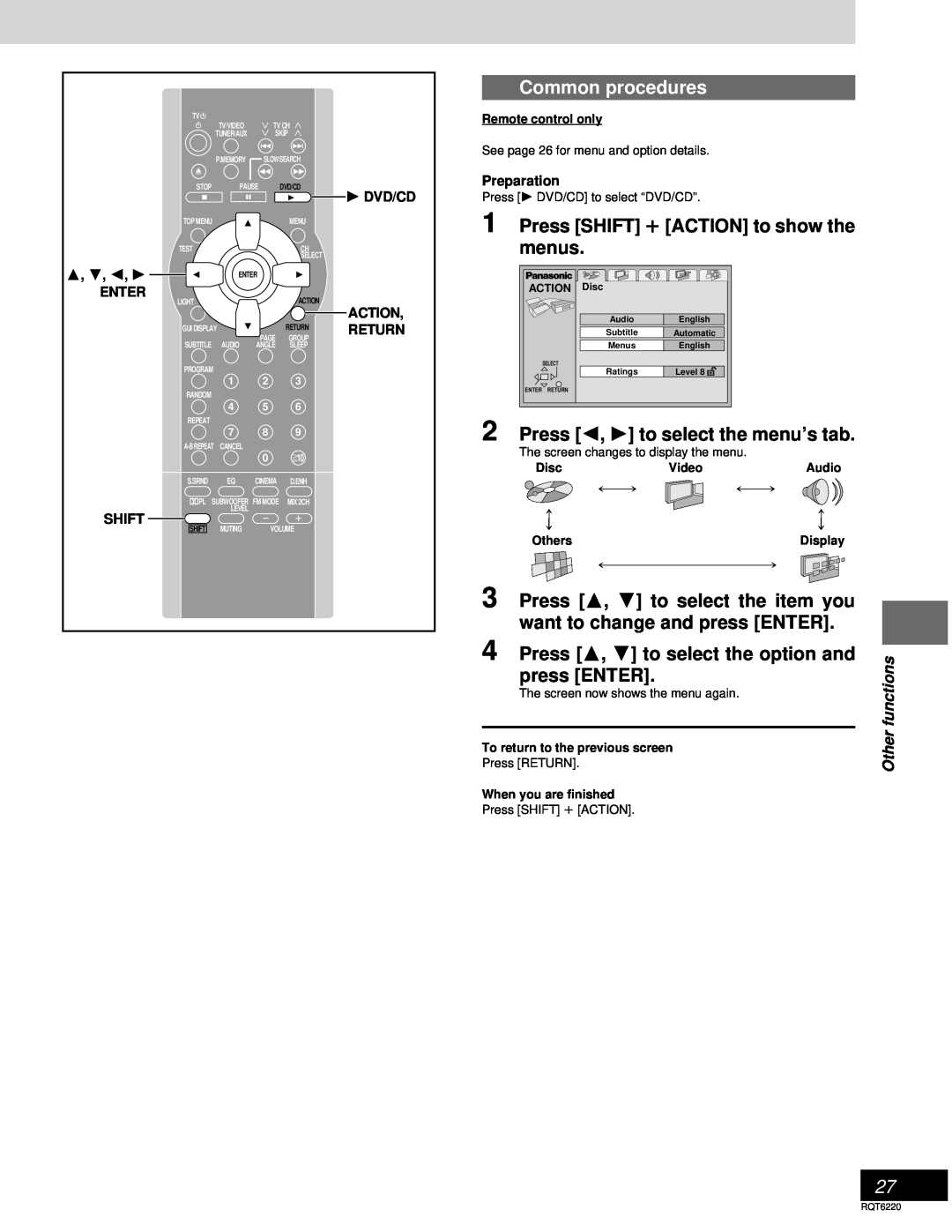 Panasonic SC-DM3 Press SHIFT i ACTION to show the menus, Press 2, 1 to select the menu’s tab, Common procedures, 1 DVD/CD 