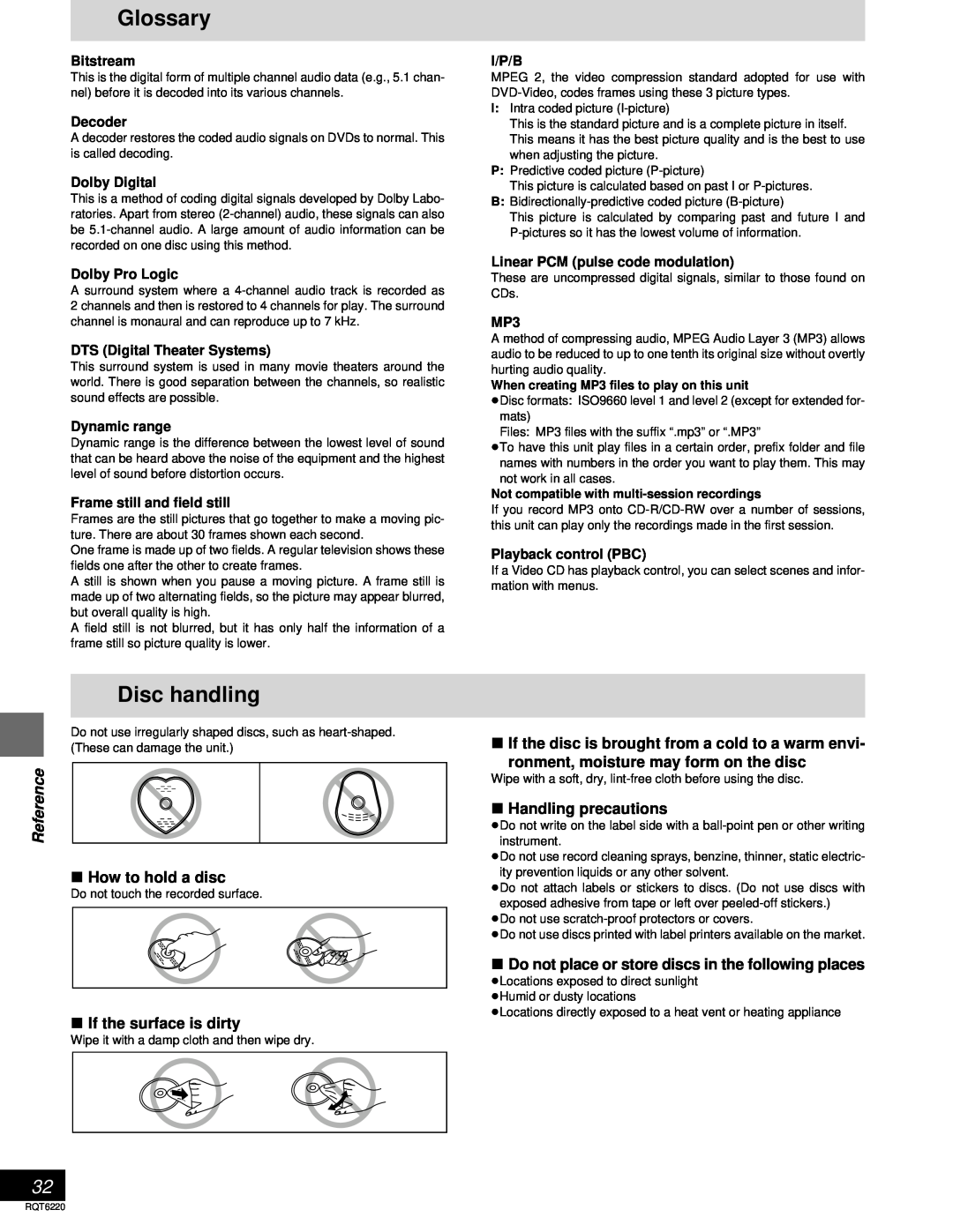 Panasonic SC-DM3 Glossary, Disc handling, Reference, How to hold a disc, If the surface is dirty, ∫Handling precautions 