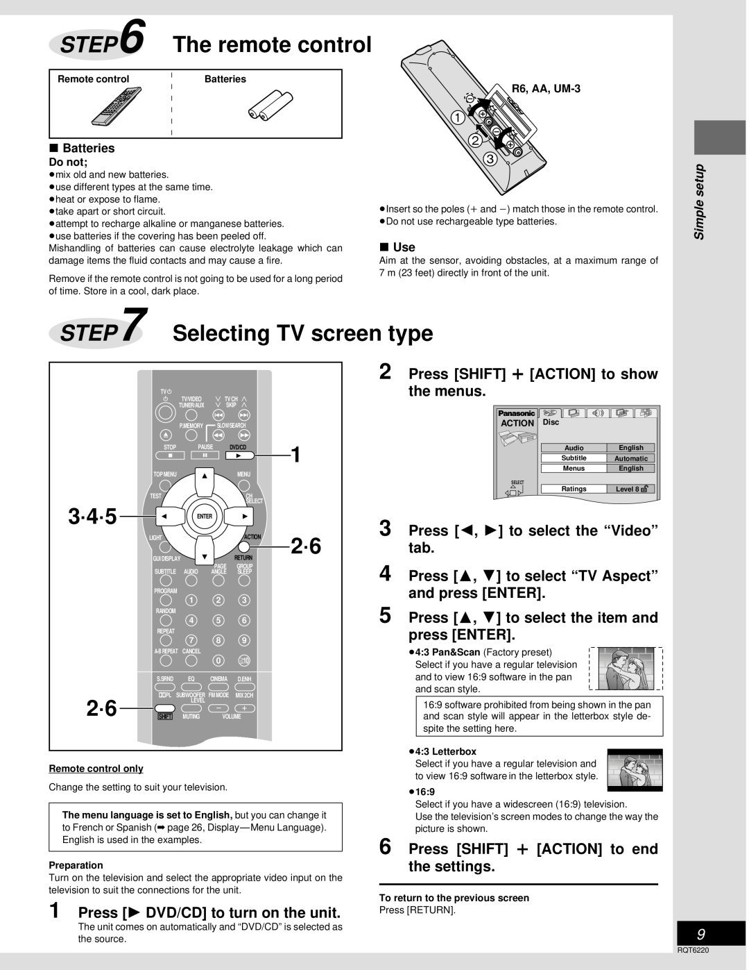 Panasonic SC-DM3 The remote control, Selecting TV screen type, 3·4·5, Press SHIFT r ACTION to show, the menus, press ENTER 