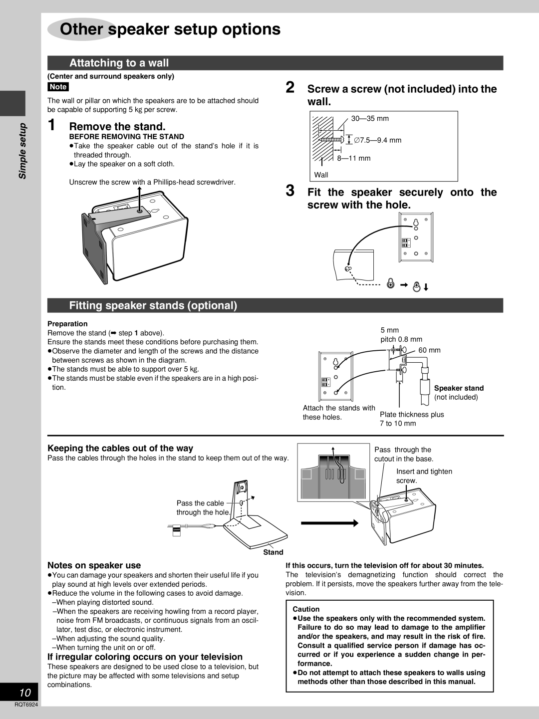 Panasonic SC-DT310 manual Attatching to a wall, Remove the stand, Fitting speaker stands optional 