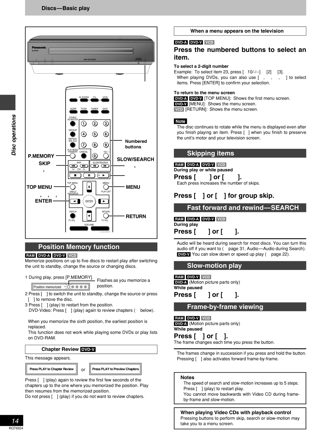 Panasonic SC-DT310 manual Position Memory function, Skipping items, Fast forward and rewind-SEARCH, Slow-motion play 