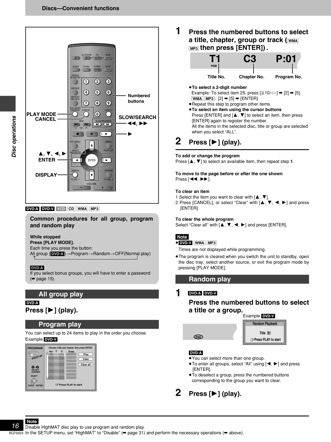 Panasonic SC-DT310 All group play, Program play, Random play, Press the numbered buttons to select a title or a group 