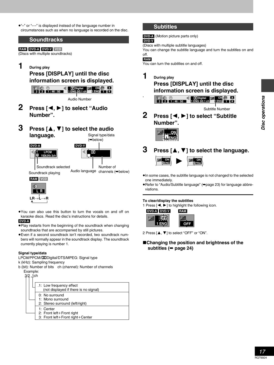 Panasonic SC-DT310 manual Soundtracks, Press 2, 1 to select Audio Number, Subtitles, Press 2, 1 to select Subtitle Number 