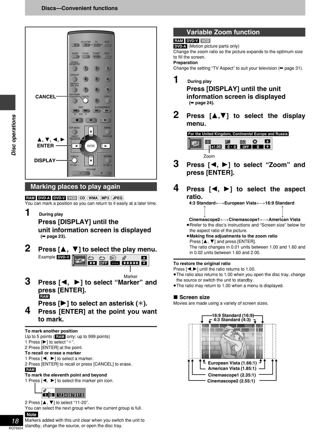 Panasonic SC-DT310 manual Variable Zoom function, Press 2, 1 to select Zoom and press Enter, Marking places to play again 