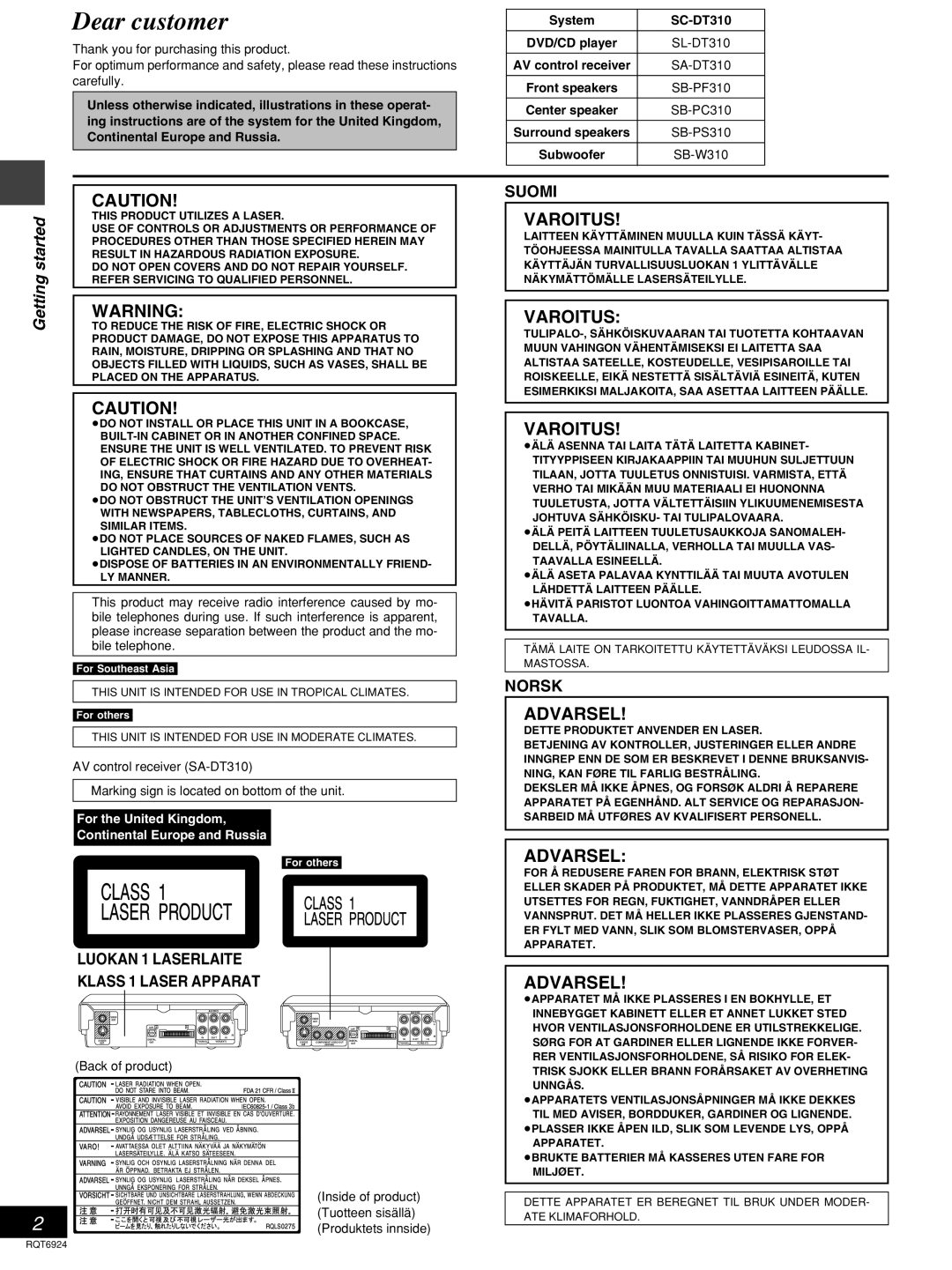 Panasonic SC-DT310 manual Getting started 