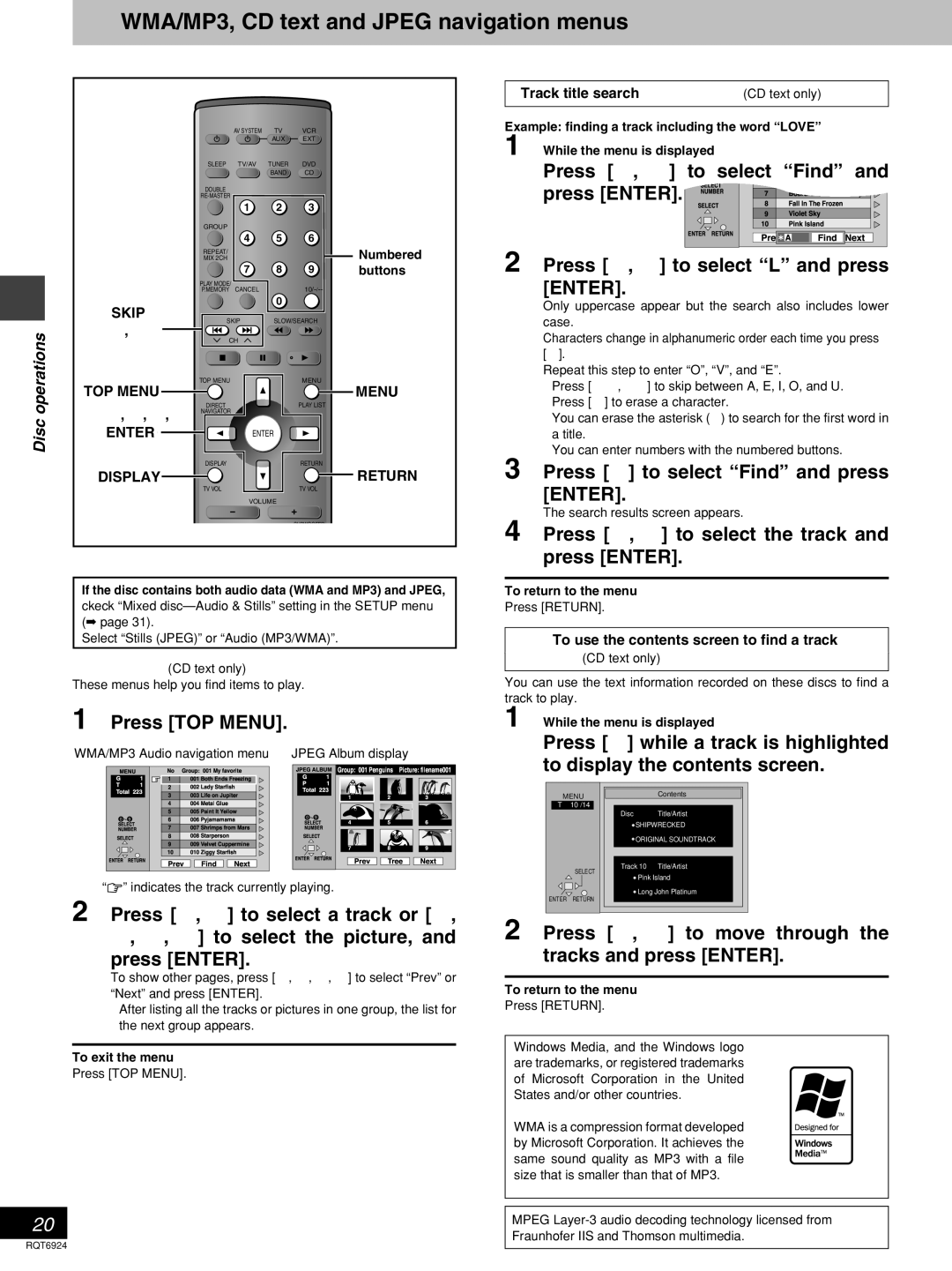 Panasonic SC-DT310 manual WMA/MP3, CD text and Jpeg navigation menus, Press 3, 4 to select Find, Press TOP Menu 