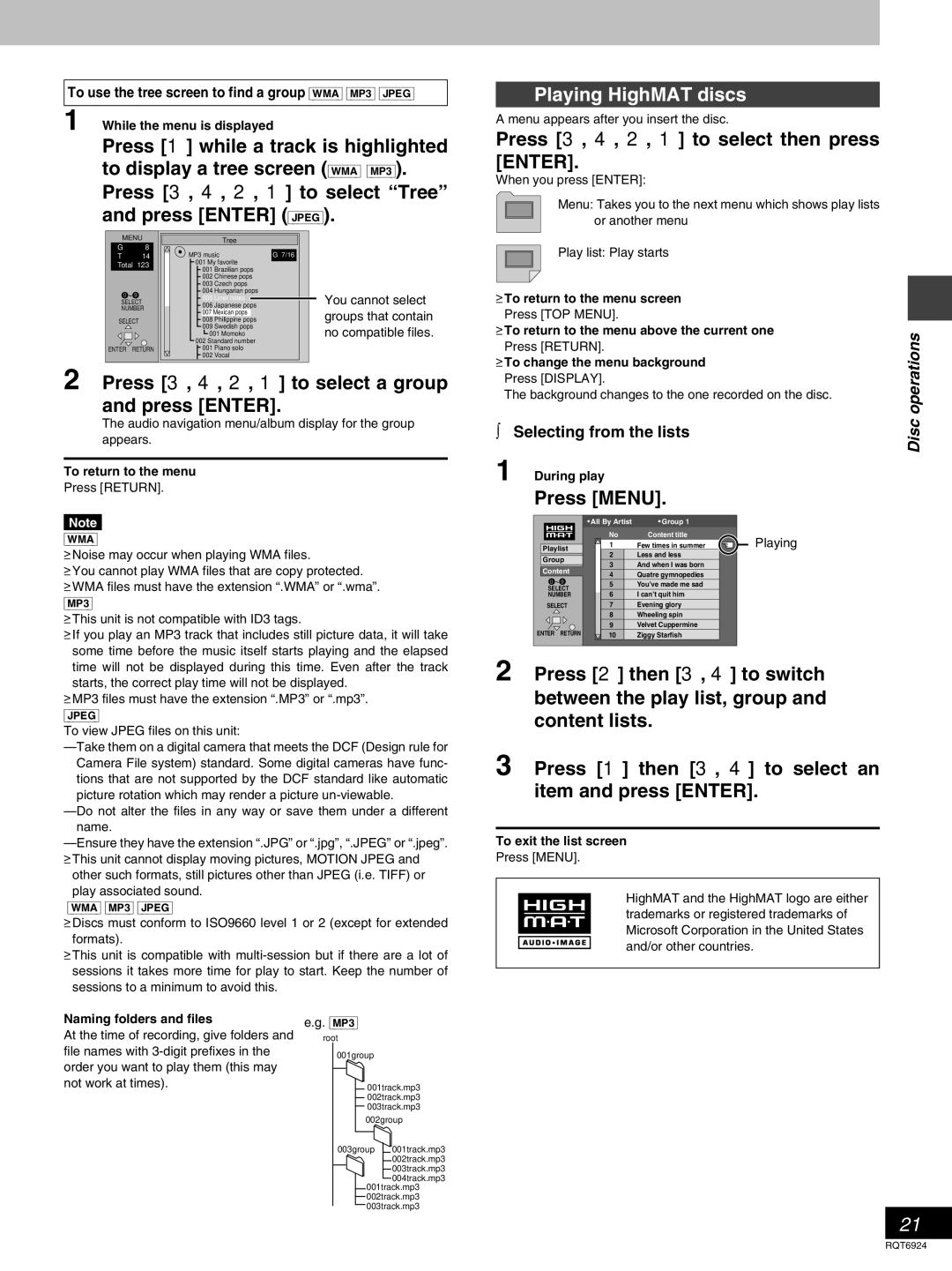 Panasonic SC-DT310 manual Playing HighMAT discs 