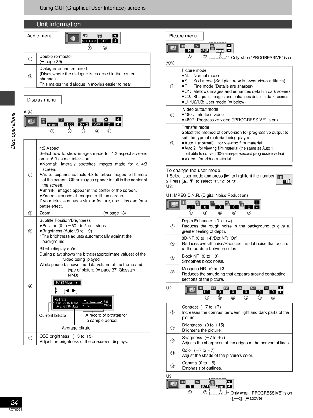 Panasonic SC-DT310 manual Audio menu, Display menu, Picture menu, To change the user mode 