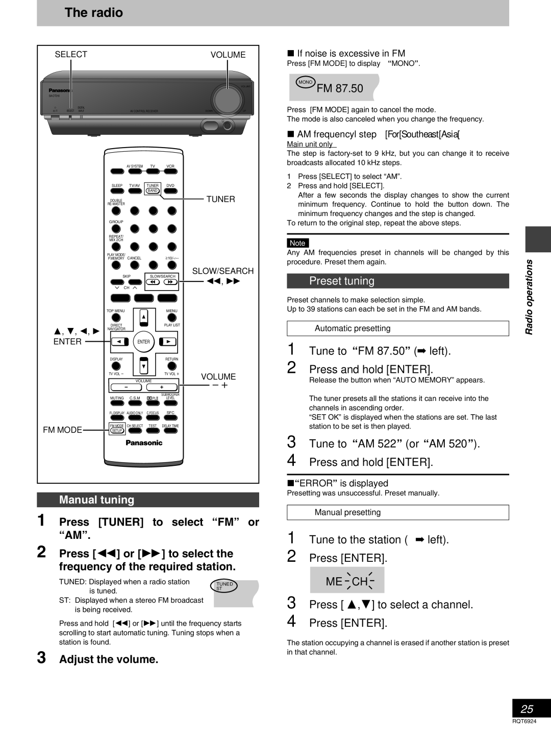 Panasonic SC-DT310 manual Radio, Manual tuning, Preset tuning 