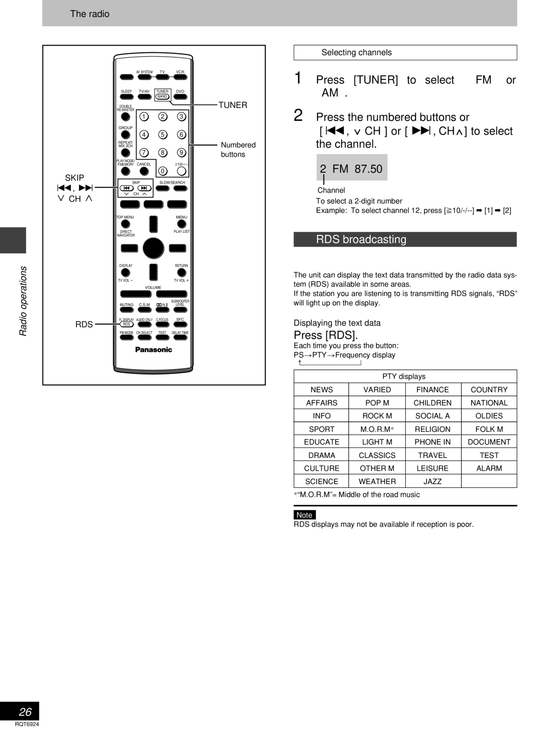 Panasonic SC-DT310 manual RDS broadcasting, Press RDS, Xch W, Rds Rds 