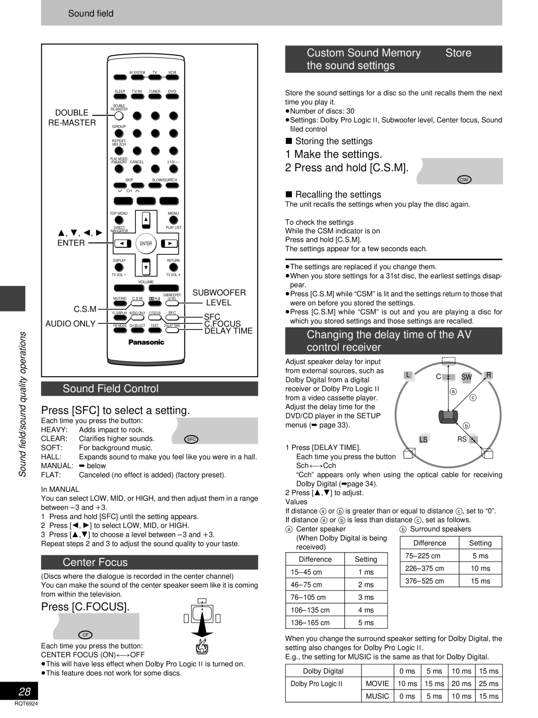 Panasonic SC-DT310 manual Sound Field Control, Center Focus, Custom Sound Memory Store Sound settings 