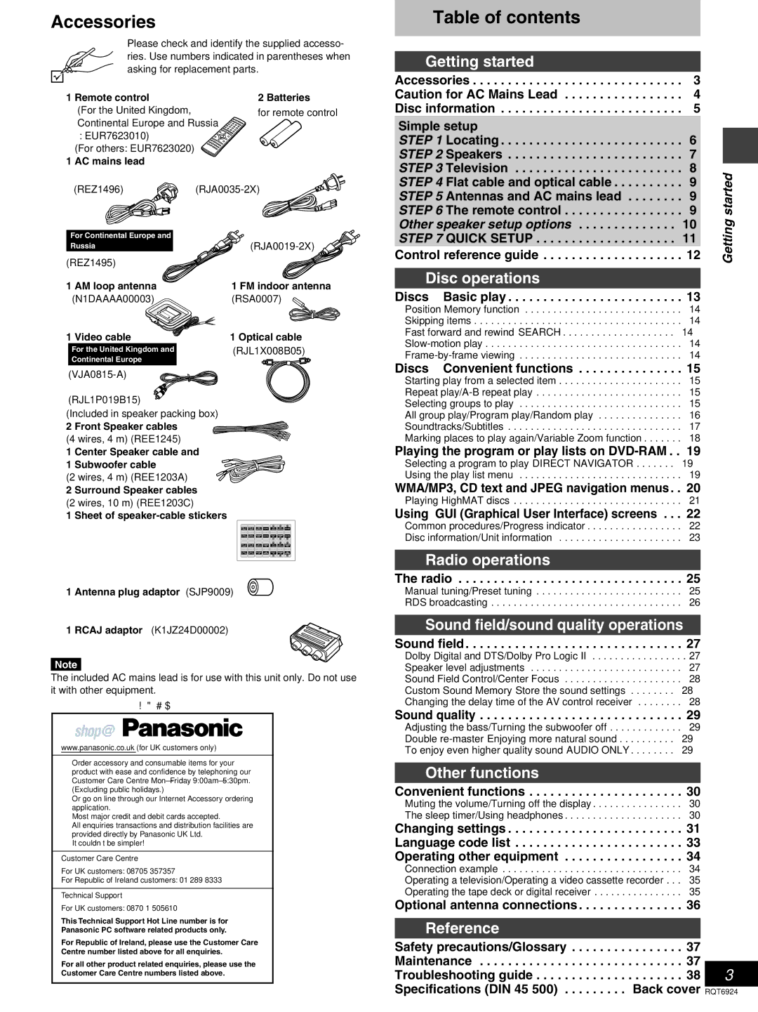 Panasonic SC-DT310 manual Accessories, Table of contents 