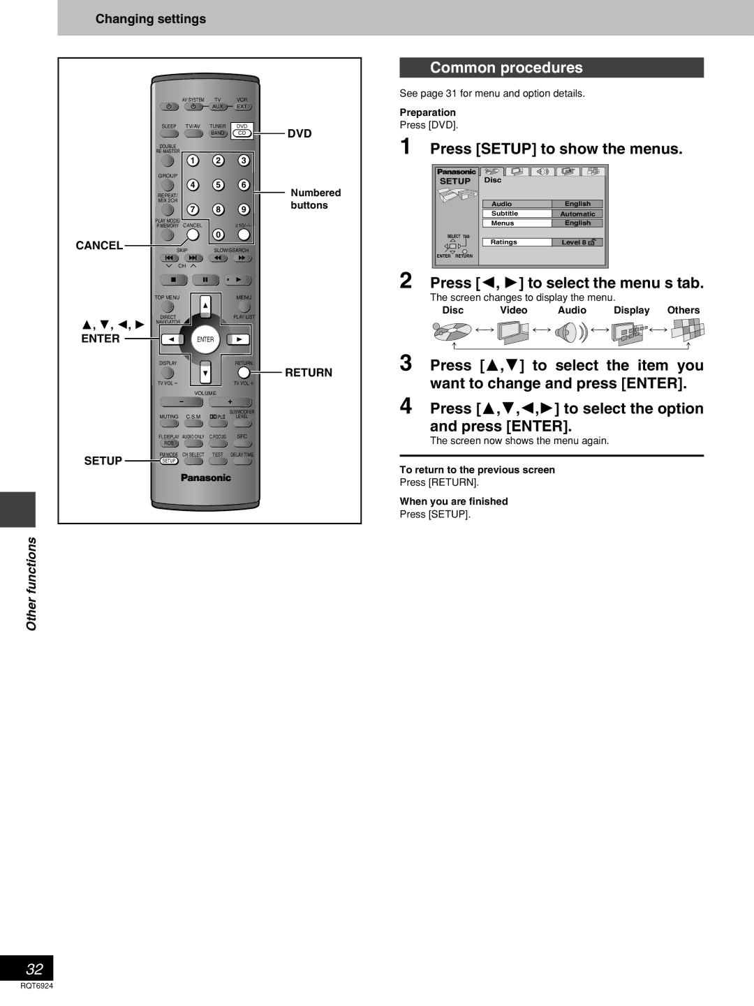 Panasonic SC-DT310 manual Press Setup to show the menus, Press 2, 1 to select the menu’s tab, Changing settings 