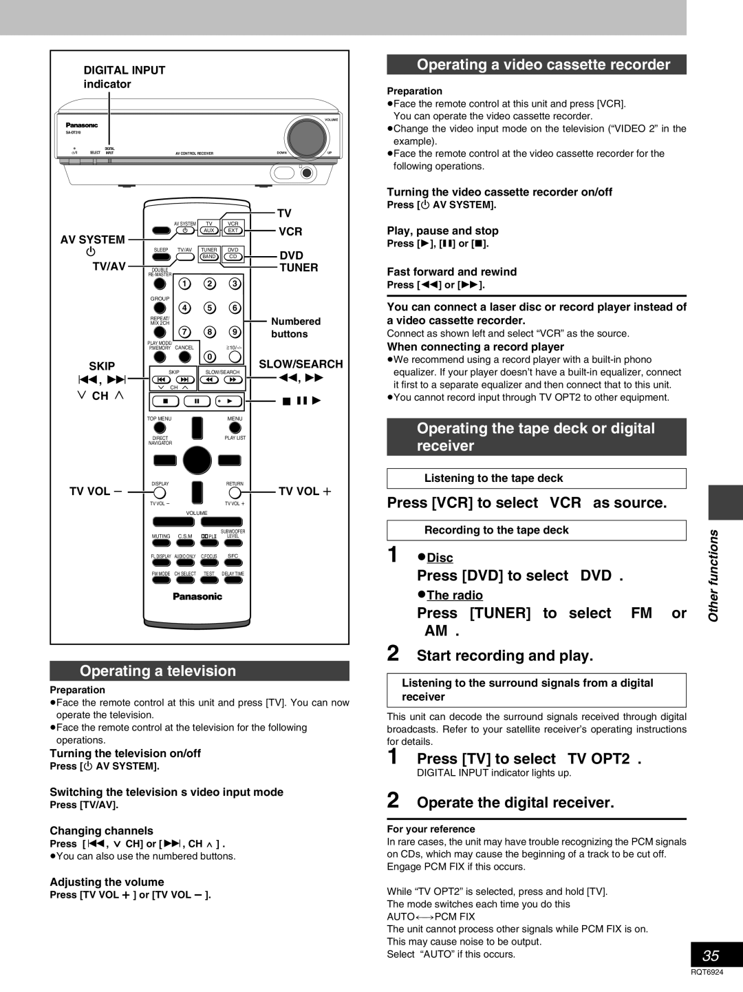 Panasonic SC-DT310 manual Operating a television, Operating a video cassette recorder 