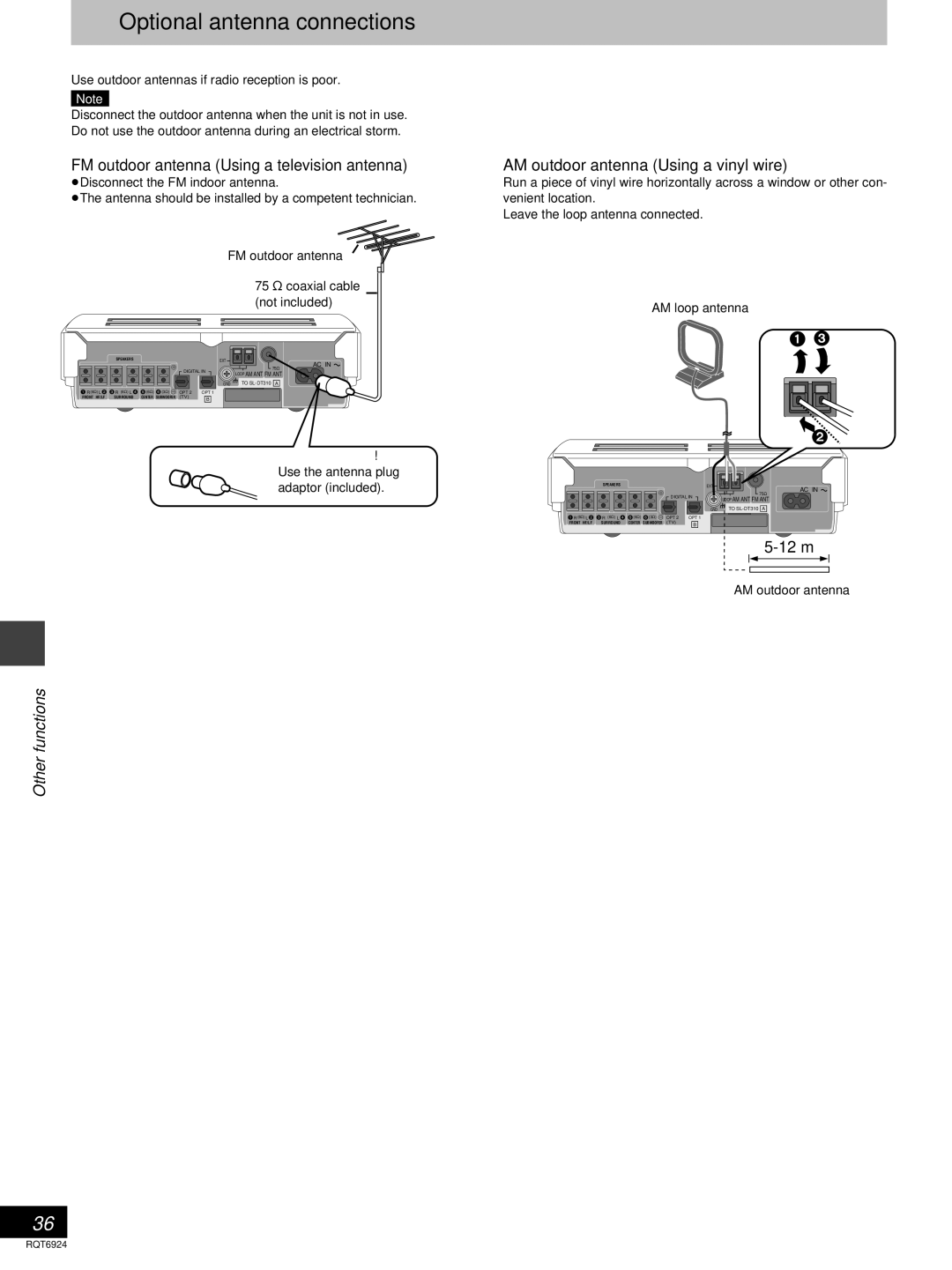 Panasonic SC-DT310 manual Optional antenna connections, FM outdoor antenna Using a television antenna 