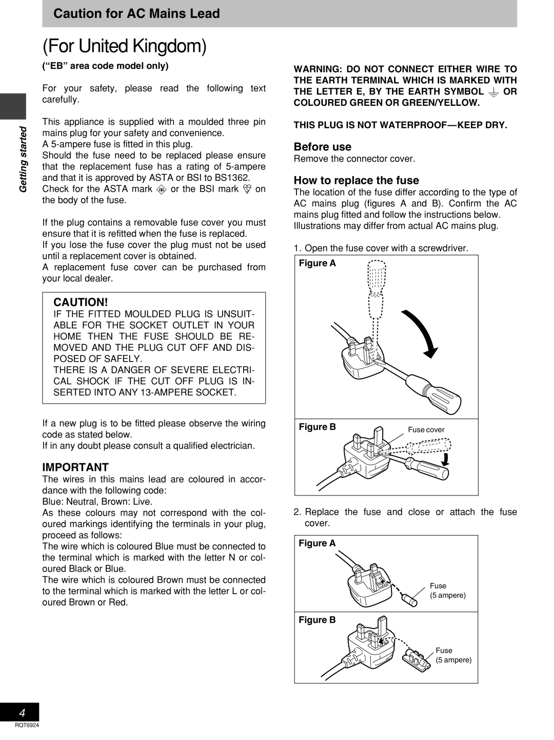 Panasonic SC-DT310 manual Before use, How to replace the fuse, EB area code model only, Fuse Ampere 