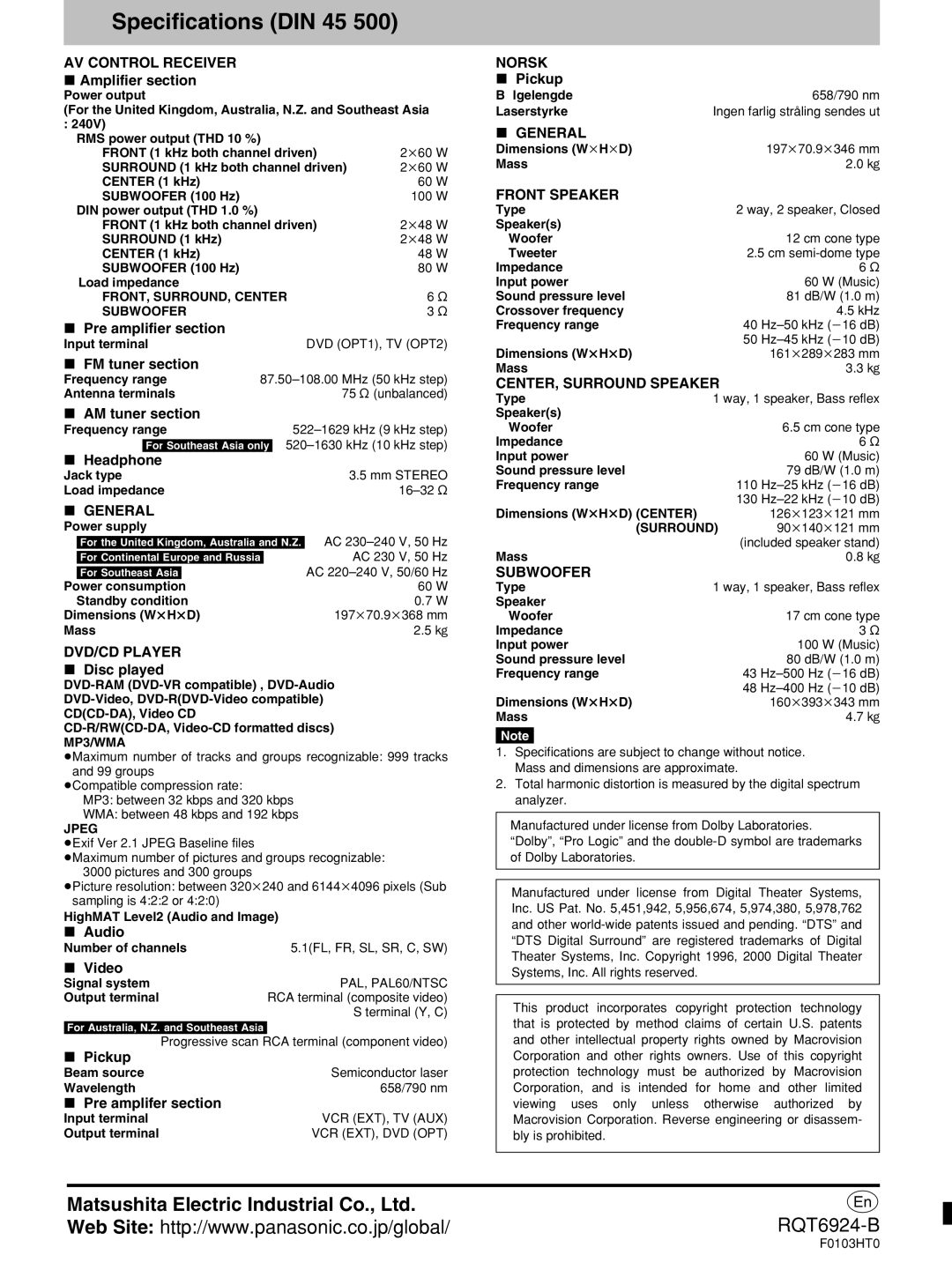 Panasonic SC-DT310 manual Specifications DIN 45, AV Control Receiver, General, Front Speaker, CENTER, Surround Speaker 