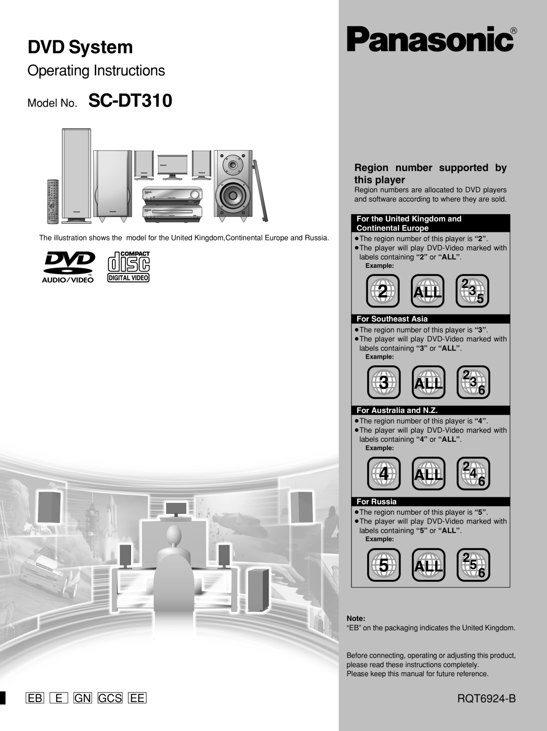 Panasonic manual Model No. SC-DT310, Eb E Gn Gcs Ee, RQT6924-B, Region number supported by this player, DVD System 