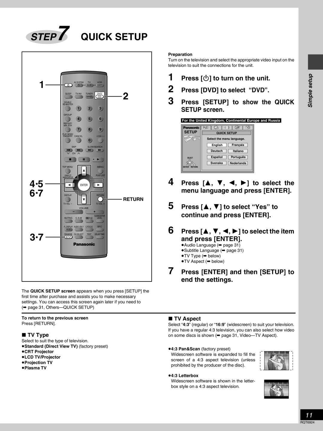 Panasonic SC-DT310 manual Quick Setup, Press Í to turn on the unit, Press DVD to select “DVD”, Simple setup 
