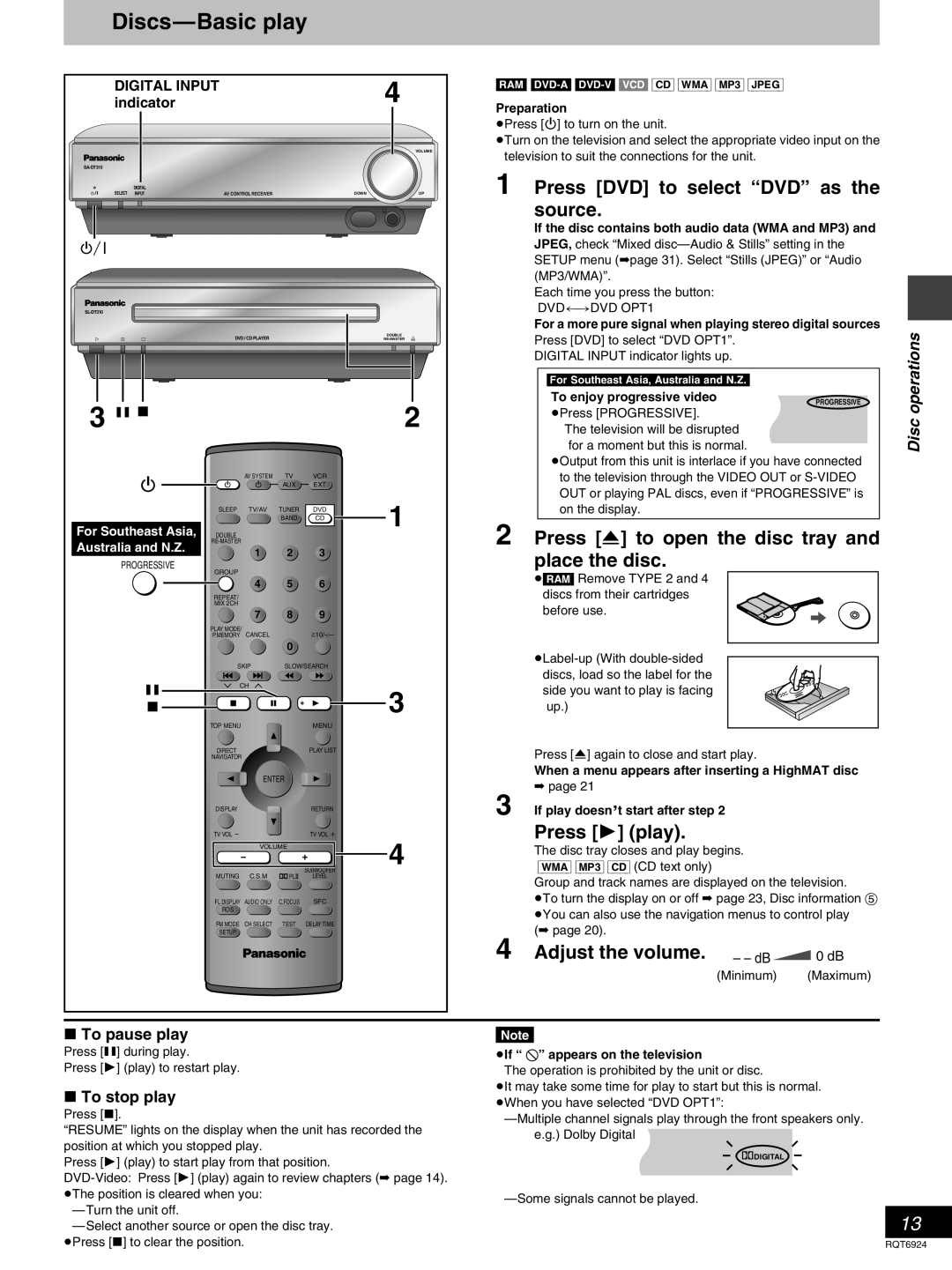 Panasonic SC-DT310 manual Discs-Basicplay, Press DVD to select “DVD” as the source, Press 1 play, Adjust the volume. - - dB 