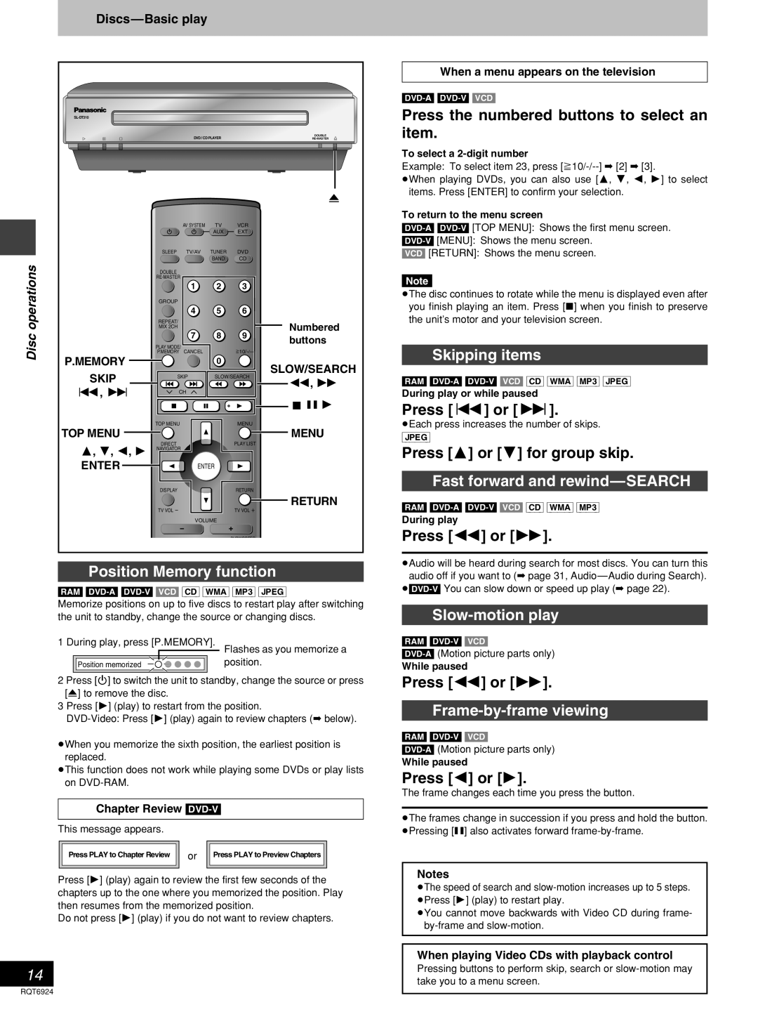 Panasonic SC-DT310 Position Memory function, Press the numbered buttons to select an item, Skipping items, Press or, Disc 