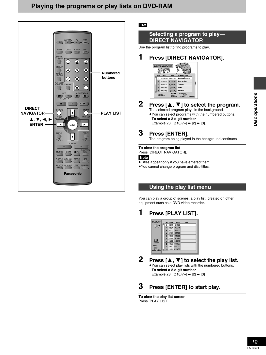 Panasonic SC-DT310 Nov.2002, Used0, Enter Return, Playing the programs or play lists on DVD-RAM, Press DIRECT NAVIGATOR 