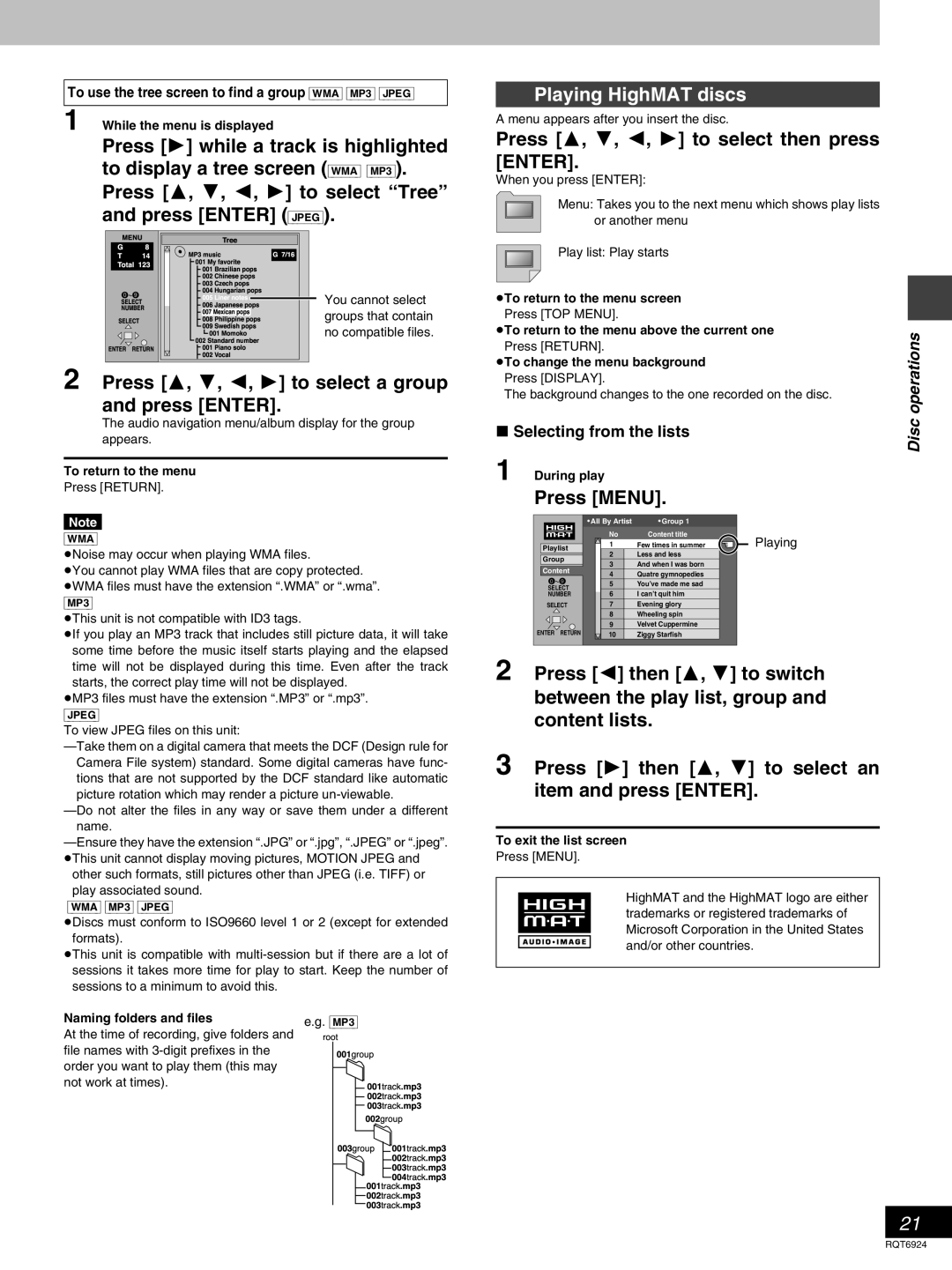 Panasonic SC-DT310 e.g.rootMP3001001group00221track.mp3, to display a tree screen WMA MP3, and press ENTER JPEG, Disc 