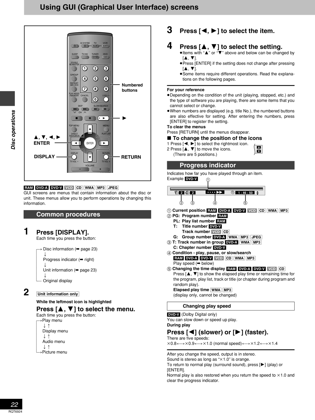 Panasonic SC-DT310 manual Using GUI Graphical User Interface screens, 3Press 2, 1 to select the item, Progress indicator 