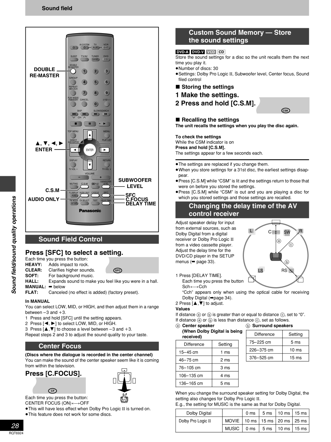 Panasonic SC-DT310 manual Sound Field Control, Press SFC to select a setting, Center Focus, Press C.FOCUS, control receiver 