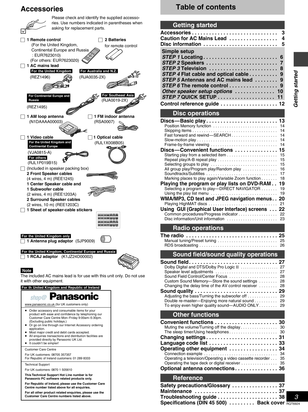 Panasonic SC-DT310 Accessories, Table of contents, Getting started, Disc operations, Radio operations, Other functions 
