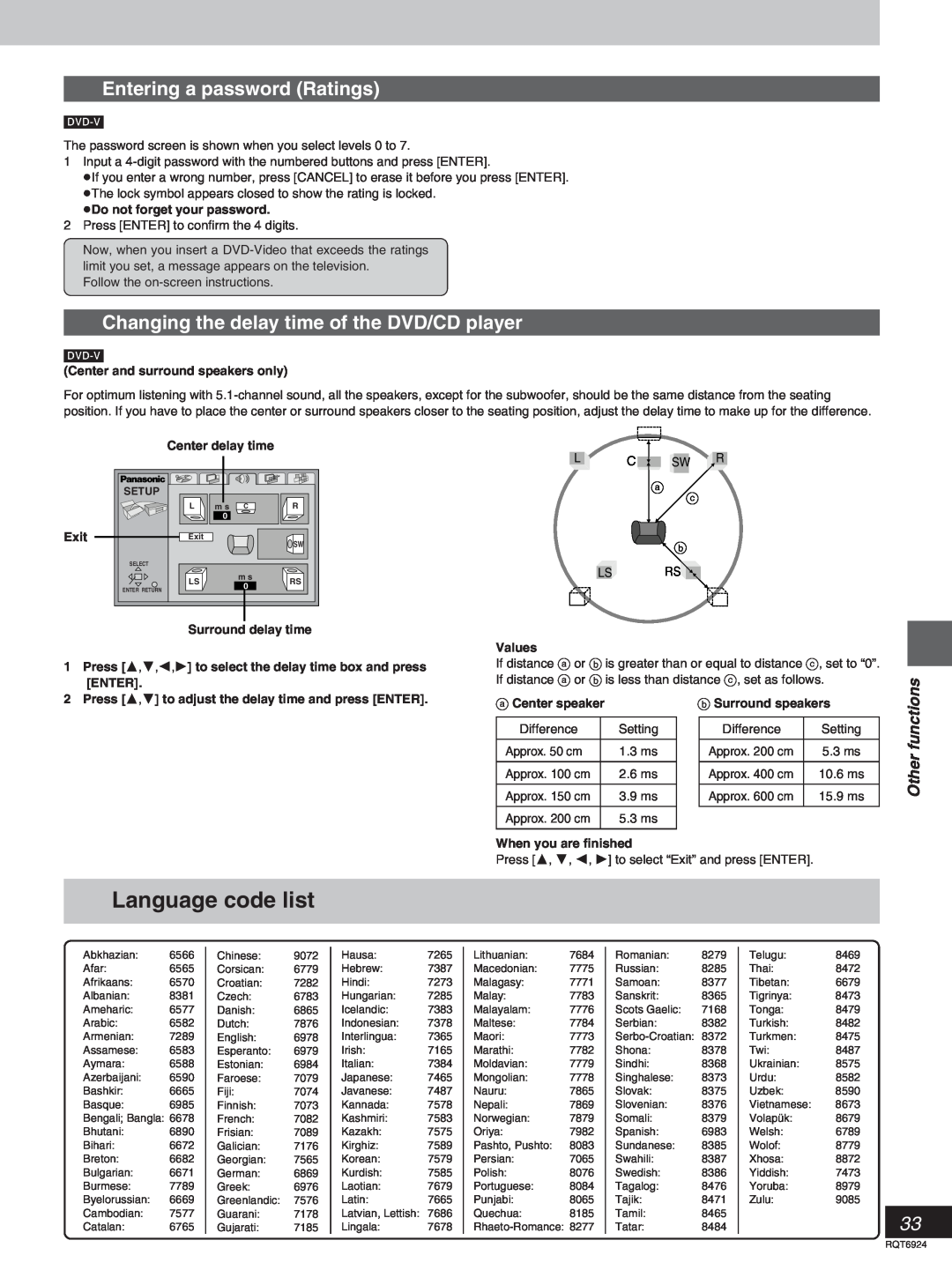 Panasonic SC-DT310 manual Language code list, Entering a password Ratings, Changing the delay time of the DVD/CD player 