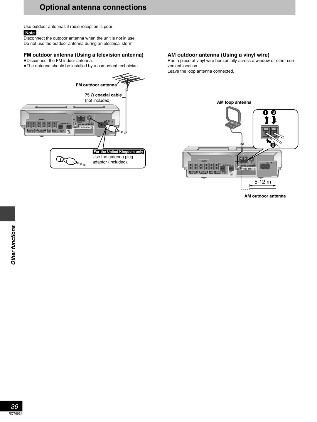 Panasonic SC-DT310 manual Optional antenna connections, FM outdoor antenna Using a television antenna, Other functions 