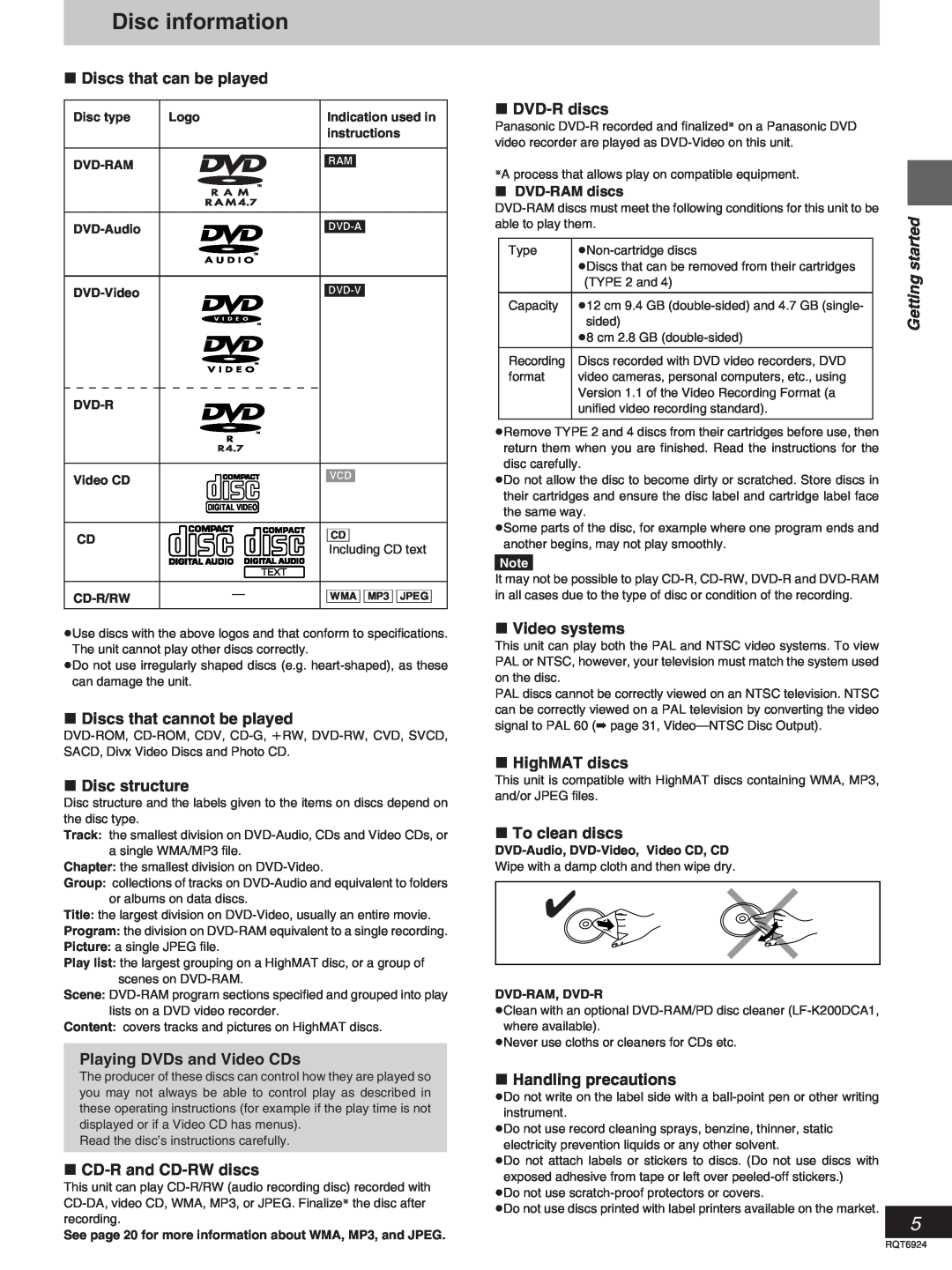 Panasonic SC-DT310 manual Disc information, Getting started 