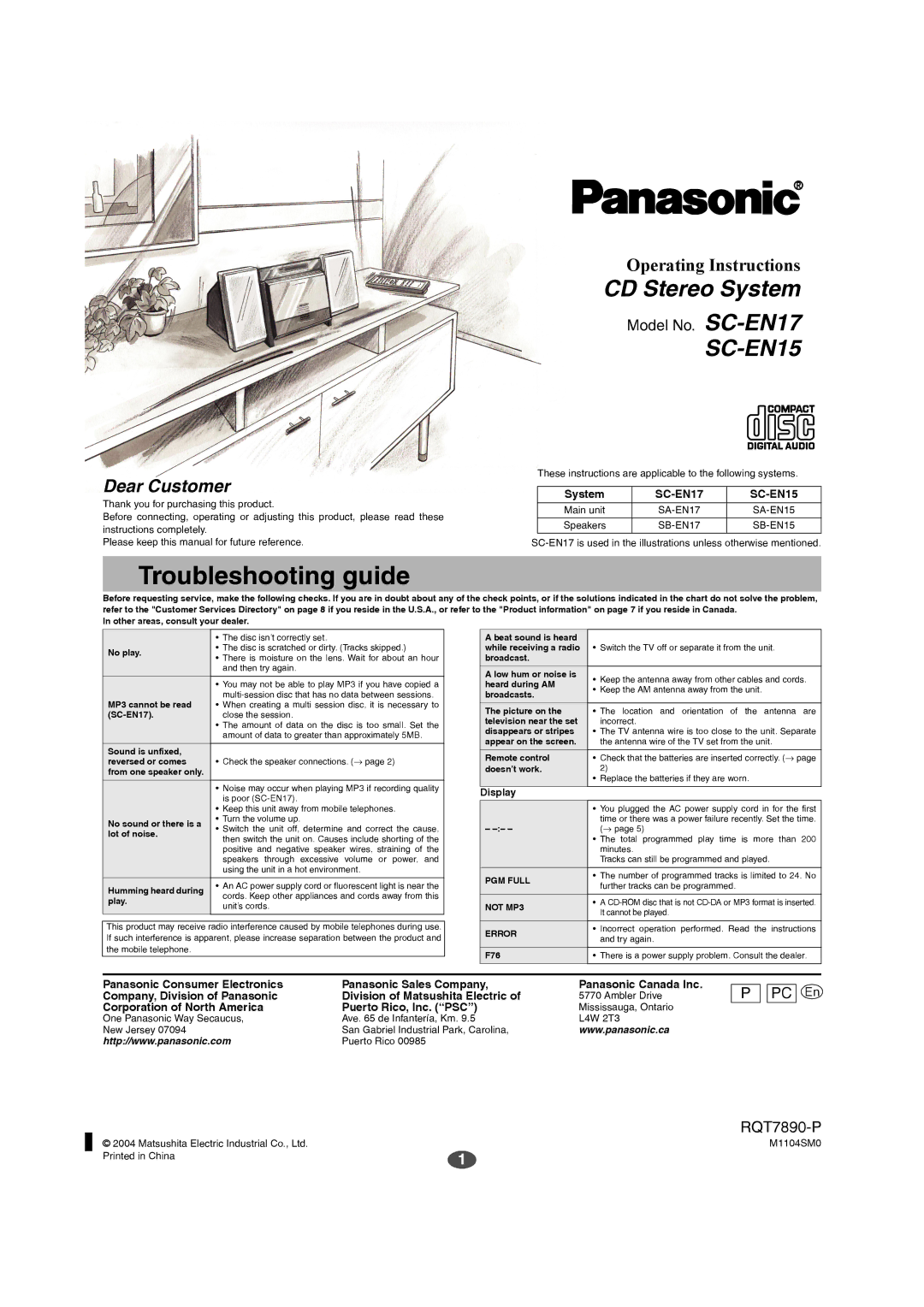 Panasonic manual Troubleshooting guide, System SC-EN17 SC-EN15, Corporation of North America Puerto Rico, Inc. PSC 