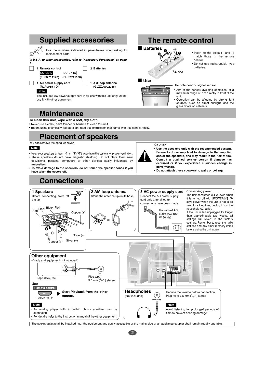 Panasonic SC-EN15 manual Supplied accessories, Remote control, Maintenance, Placement of speakers, Connections 