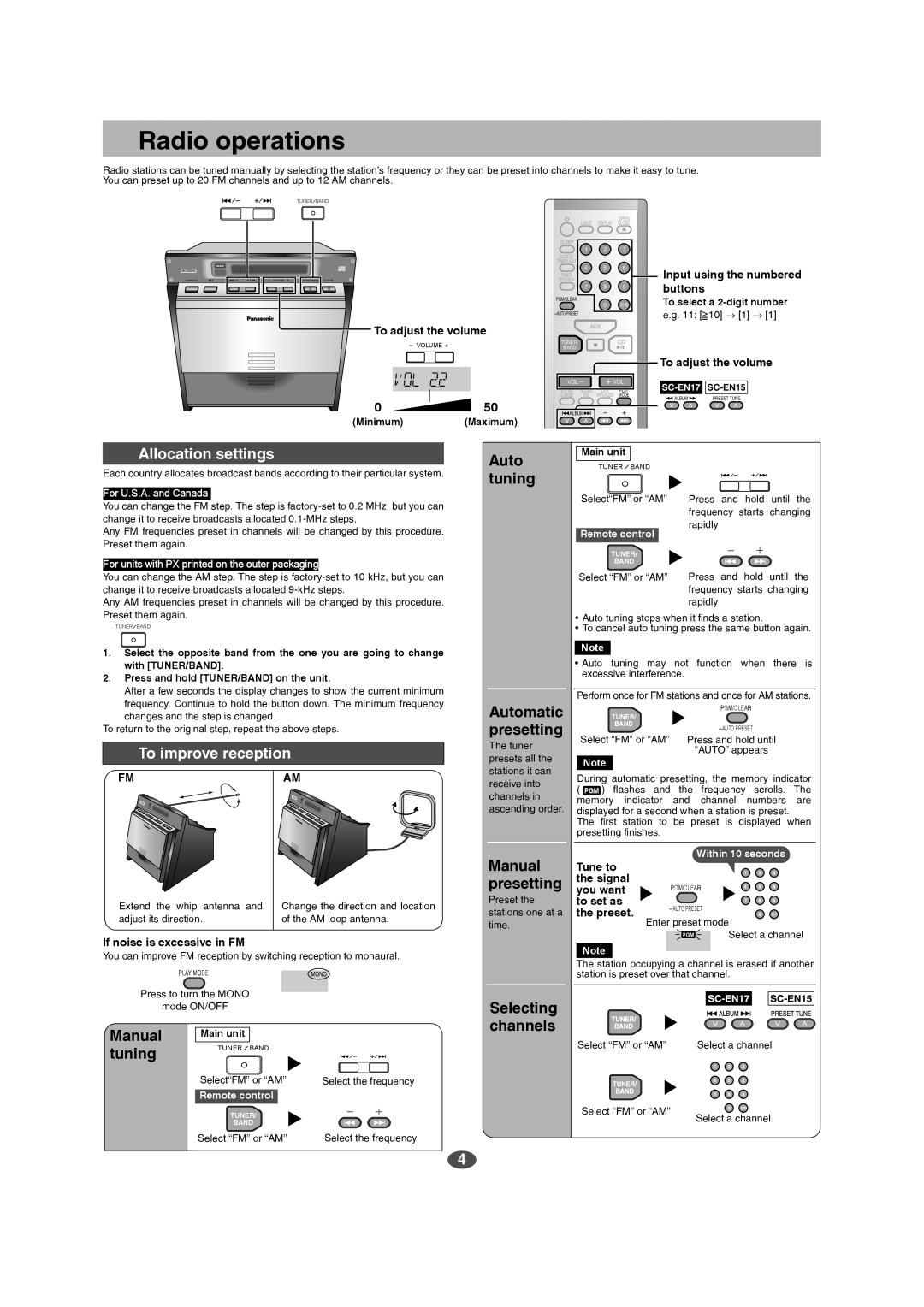 Panasonic SC-EN15 manual Radio operations, Allocation settings, To improve reception 