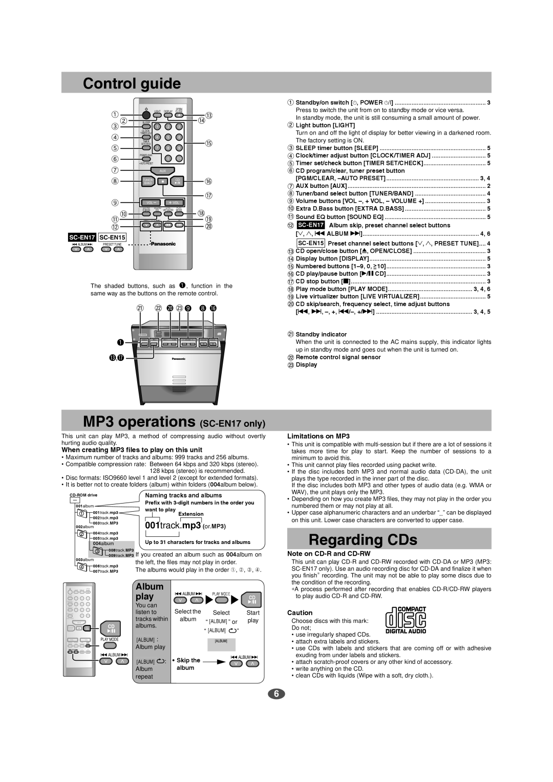 Panasonic SC-EN15 manual Control guide, MP3 operations SC-EN17 only, Regarding CDs, Mp3, Album play 