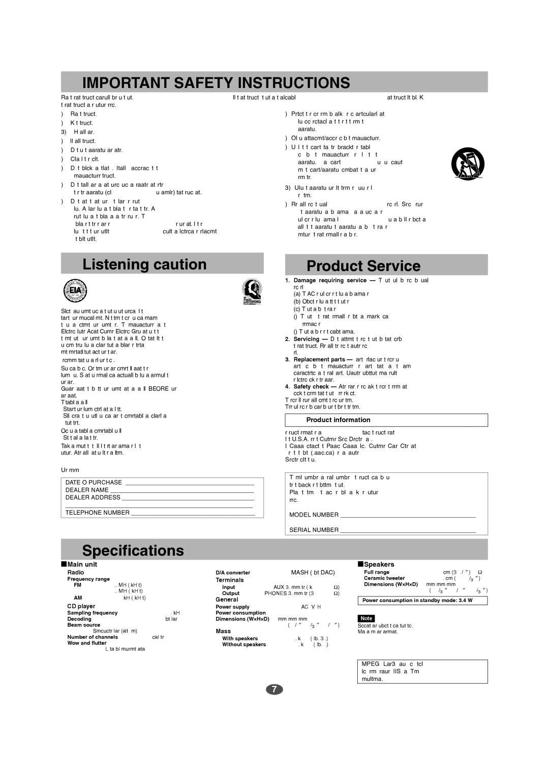 Panasonic SC-EN15 manual Listening caution, Specifications Product Service, Product information, GMain unit, GSpeakers 