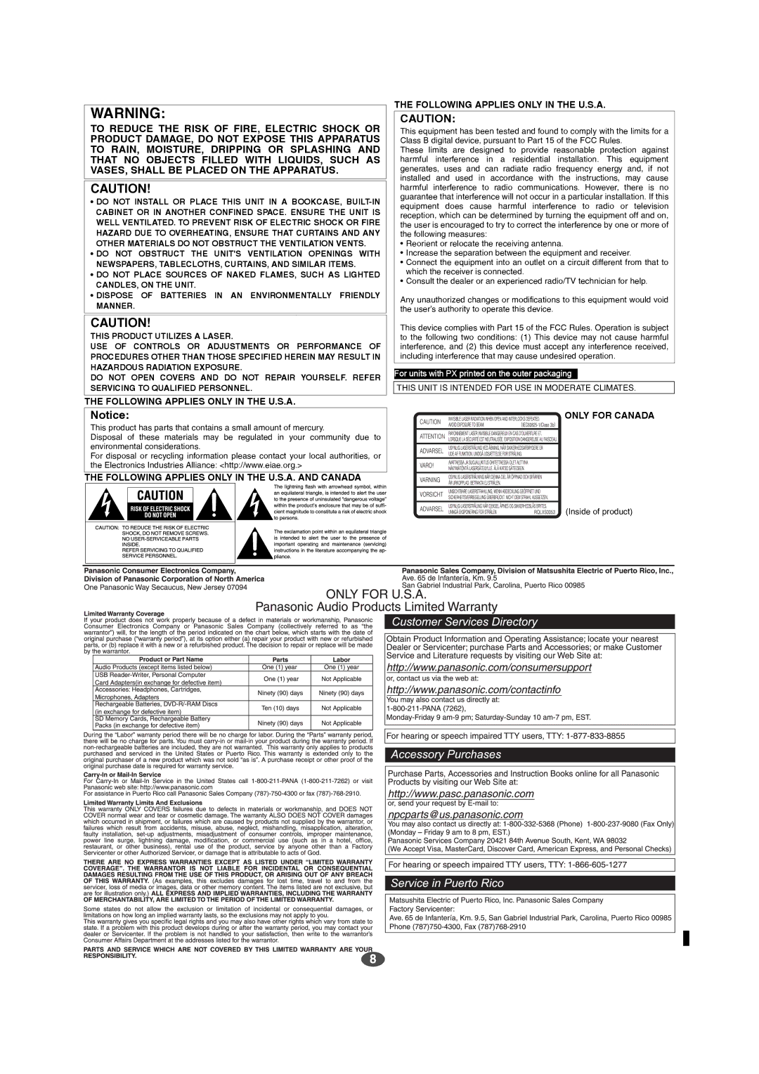 Panasonic SC-EN15 manual Following Applies only in the U.S.A, Inside of product 