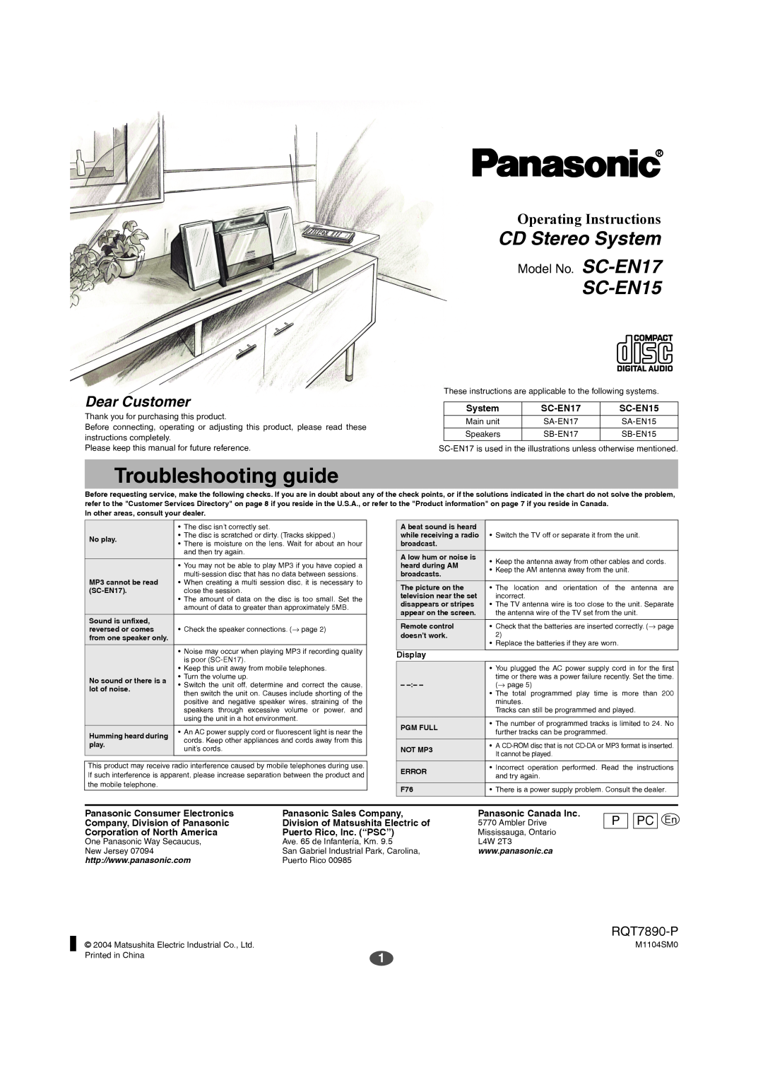 Panasonic SC-EN15 manual Troubleshooting guide, System, SC-EN17, Panasonic Consumer Electronics, Panasonic Sales Company 