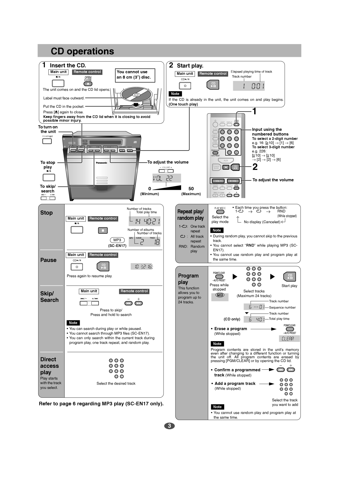 Panasonic SC-EN15 manual Insert the CD, Start play, Stop Pause Skip Search, Refer to page 6 regarding MP3 play SC-EN17only 