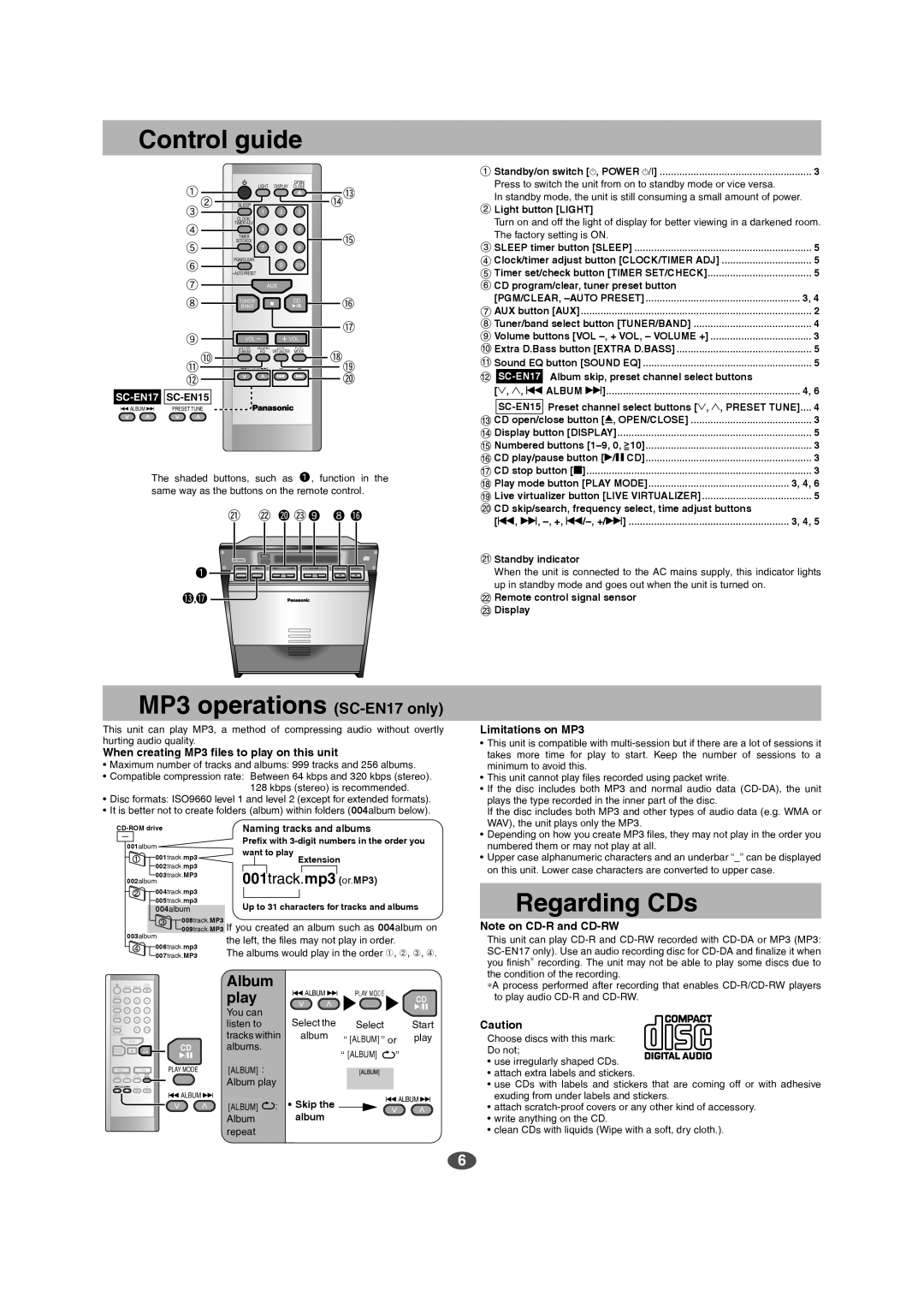 Panasonic SC-EN15 manual Control guide, MP3 operations SC-EN17only, Regarding CDs, Album play, track, Limitations on MP3 