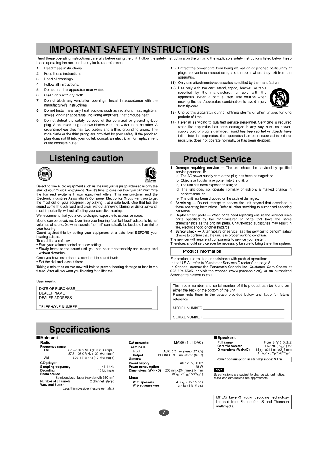 Panasonic SC-EN15 Important Safety Instructions, Listening caution, Specifications, Product Service, Product information 