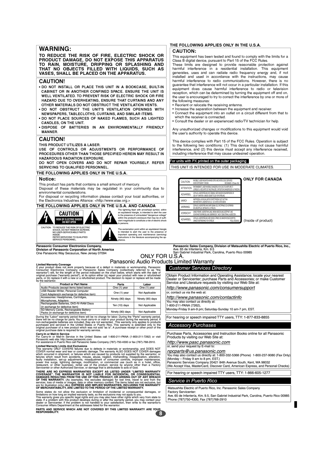 Panasonic SC-EN15 manual The Following Applies Only In The U.S.A, Only For Canada 