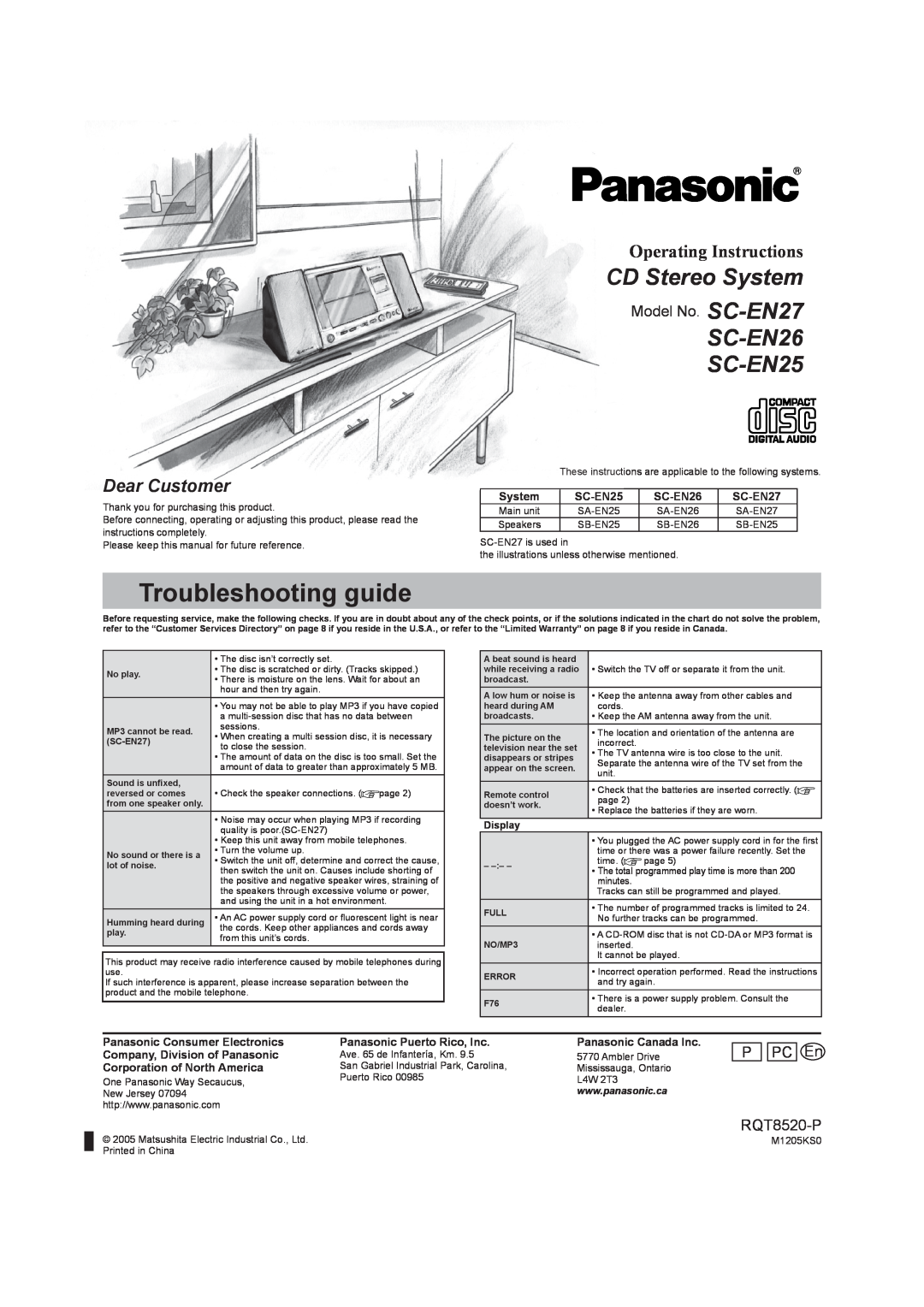Panasonic SC-EN25 warranty Troubleshooting guide, System, SC-EN26, SC-EN27, Panasonic Consumer Electronics 