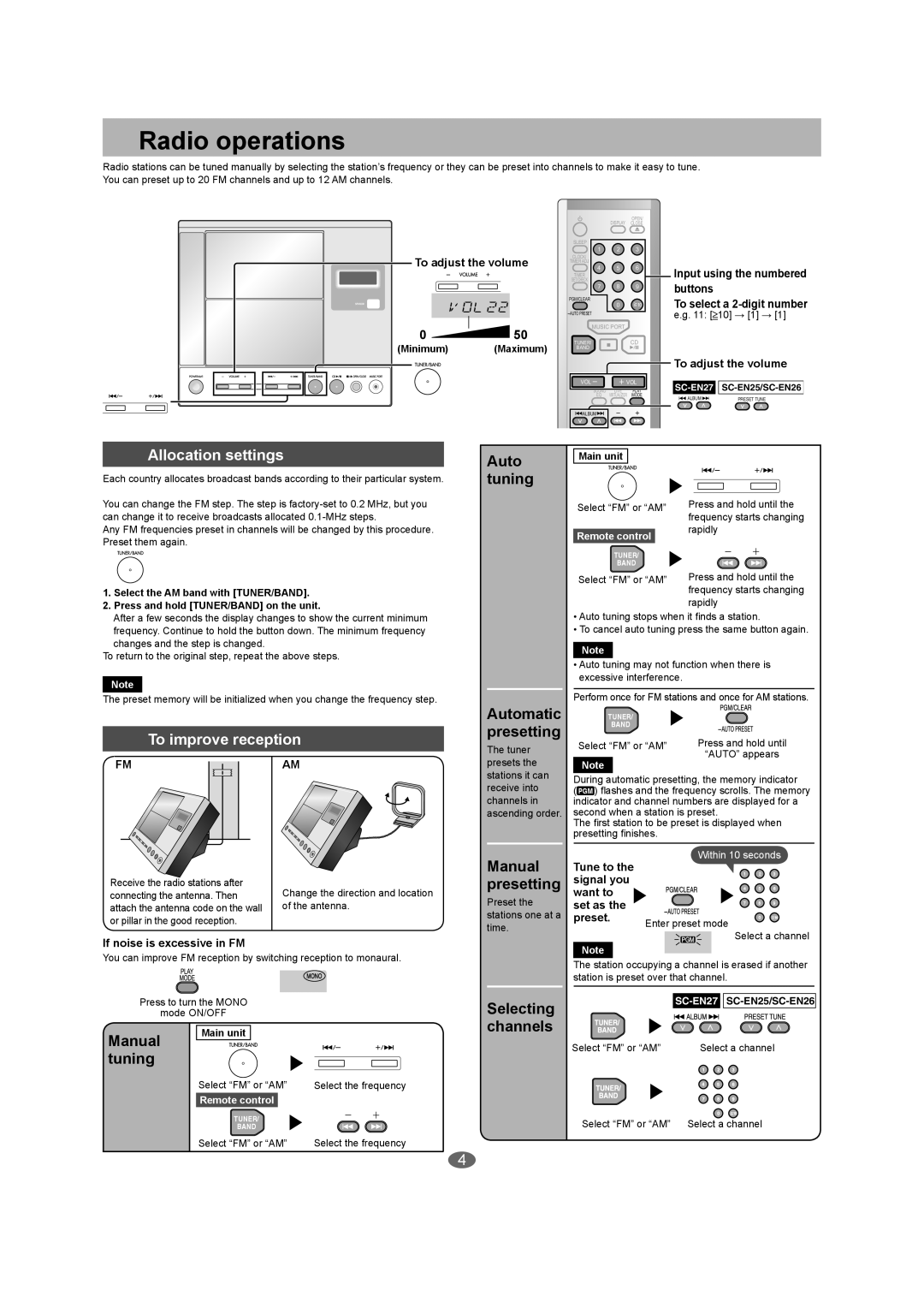 Panasonic SC-EN25 Radio operations, tuning, Automatic presetting, Manual presetting, Selecting channels, e.g, Maximum 