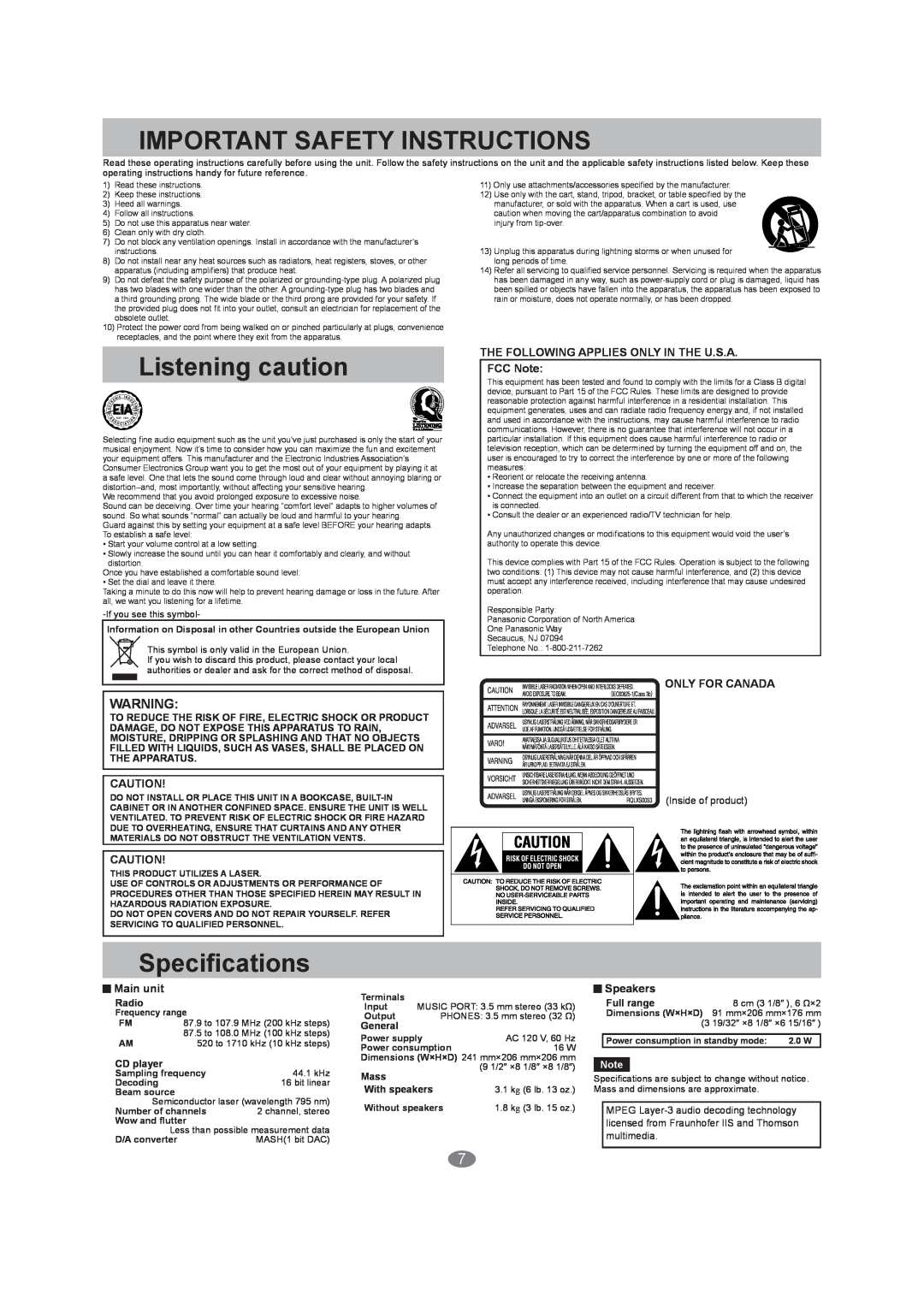 Panasonic SC-EN25 Important Safety Instructions, Listening caution, Speciﬁcations, Only For Canada, Main unit, Speakers 